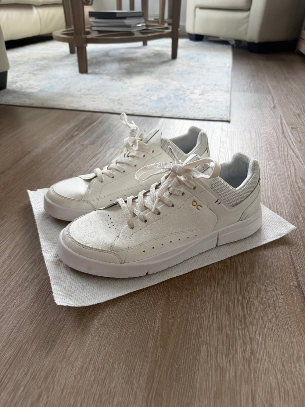On Men's THE ROGER Centre Court Sneakers in White with Gold Logo, 10.5